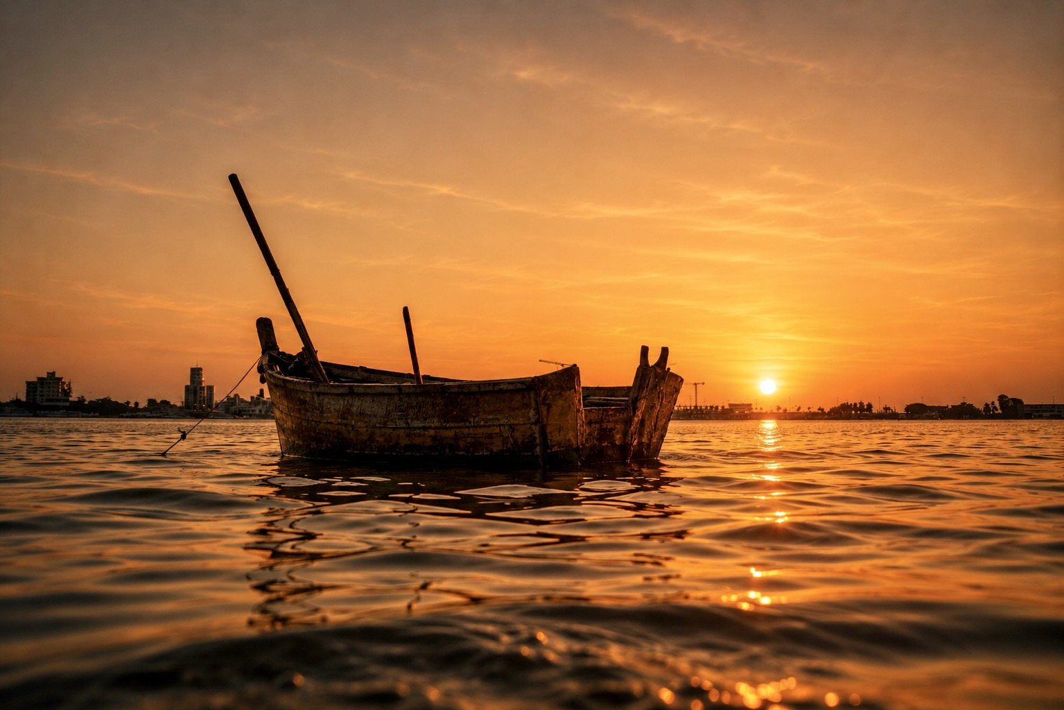 Barco de pescador na Ilha de Luanda ao pôr-do-sol
